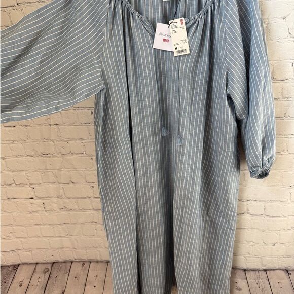 UNIQLO X J.W. ANDERSON Linen Blend Striped Gathered 3/4 Sleeved Dress - Picture 8 of 15